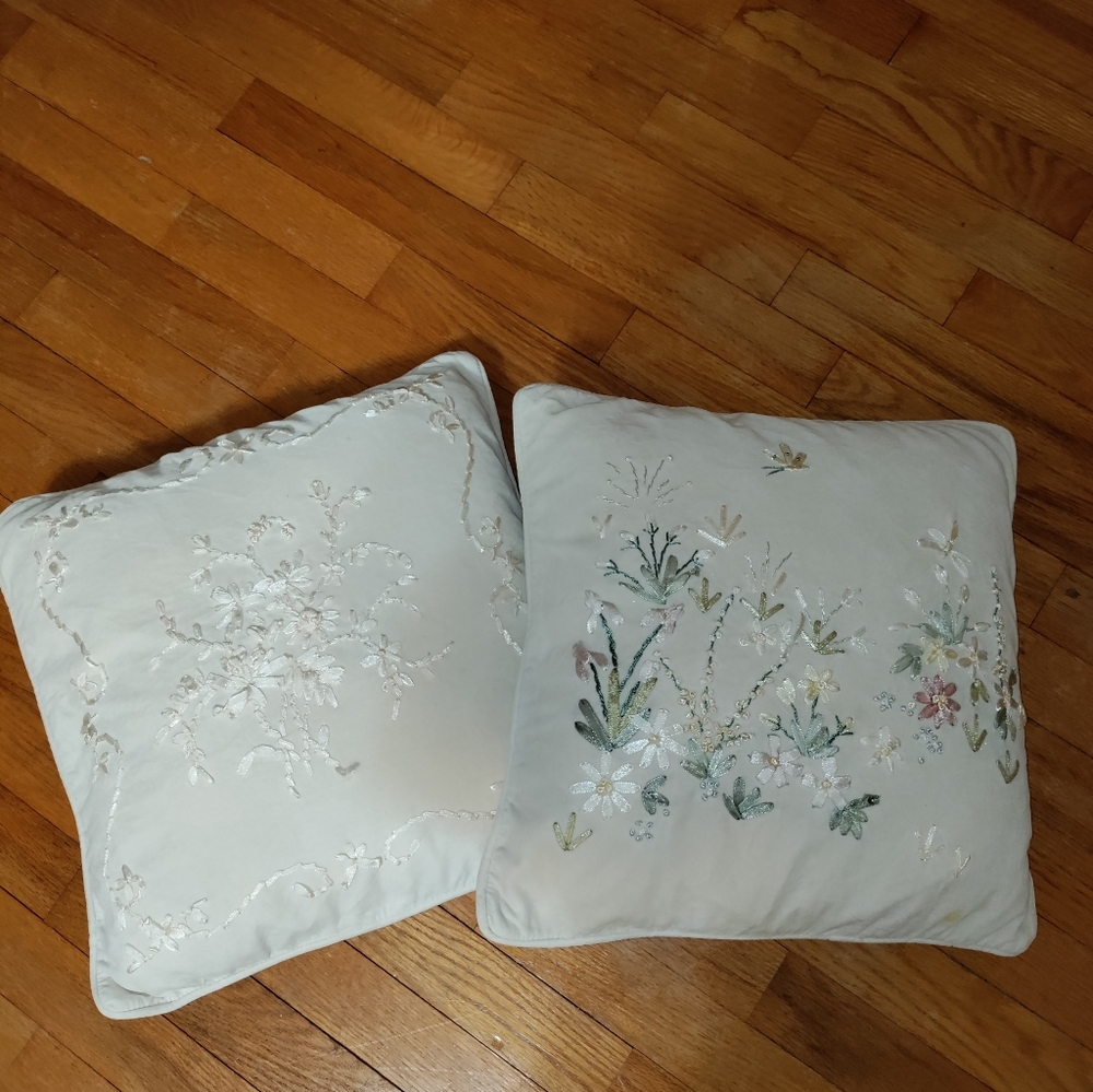 Pair Of Pillow Covers With Ribbon Embroidery.